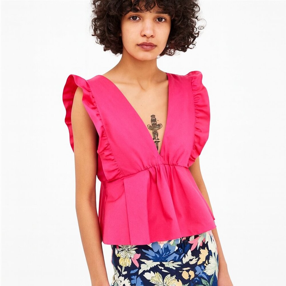 Zara Pink Cottagecore Y2K Ruffle Peplum Bow Back V Neck Top Size L Sleeveless